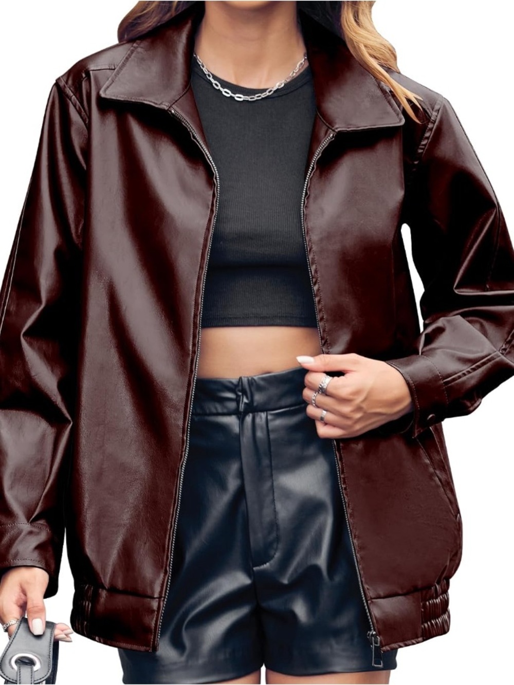 Dark brown pleather jacket plus ribbed henley shirt